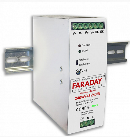 Faraday БП-240W/48V/DIN Блок питания, на DIN-рейку, Uвых.=48В. Iвых.=5A, защита от перегрузки и КЗ, -40…+70°C, 132х123.5х70мм